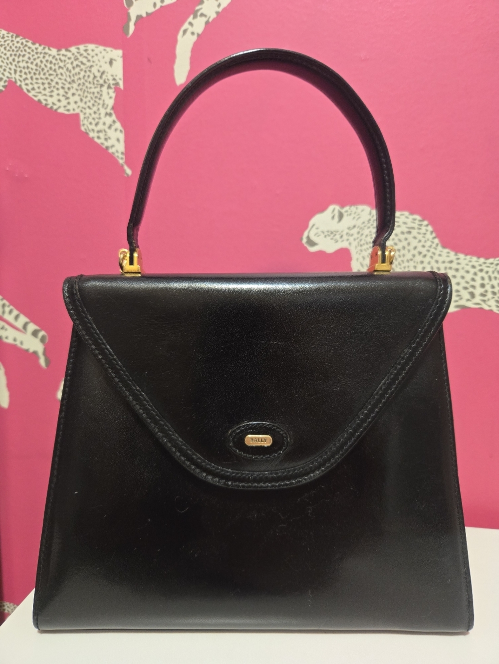 Vintage Bally Black Leather Top-Handle Bag With Strap.